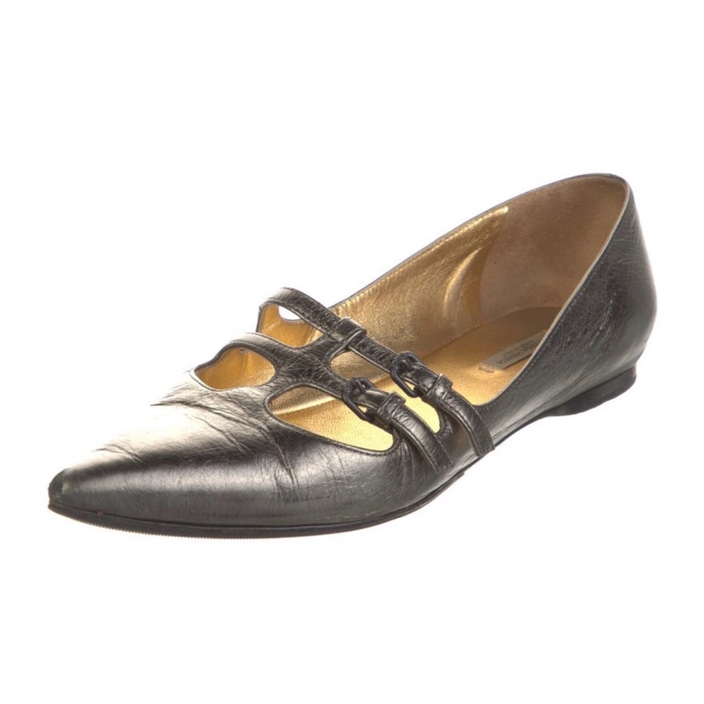 Bottega Veneta Silver Pointed Strapy Buckle Leather Flat